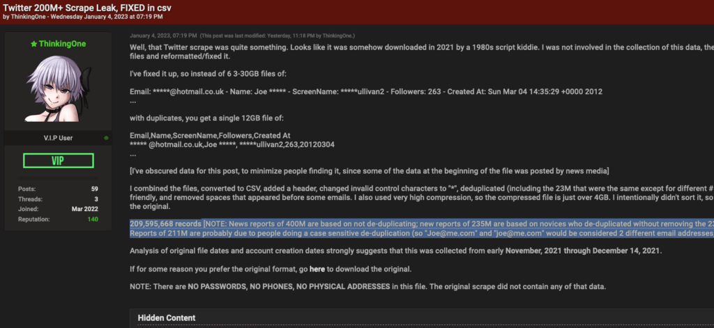 Breached forum screenshot of Twitter leaked database from early 2023